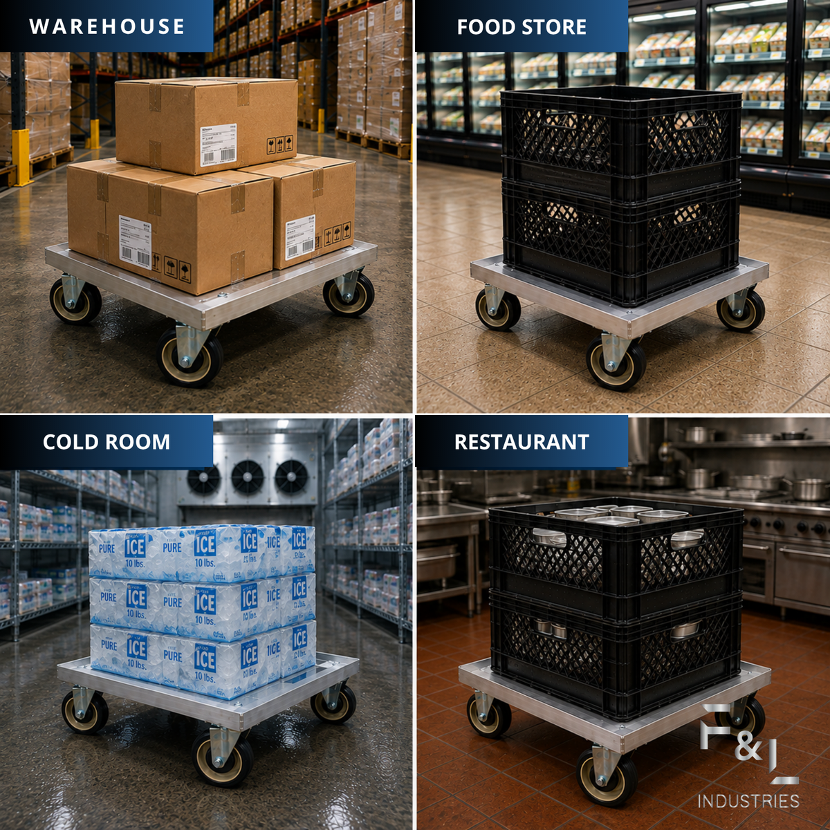 F&L Heavy Duty Aluminum Milk Crate Dolly with Casters, Commercial Rolling Crate Cart, Heavy Duty Wheeled Platform for Warehouse, Storage, Moving, Transport & Material Handling.