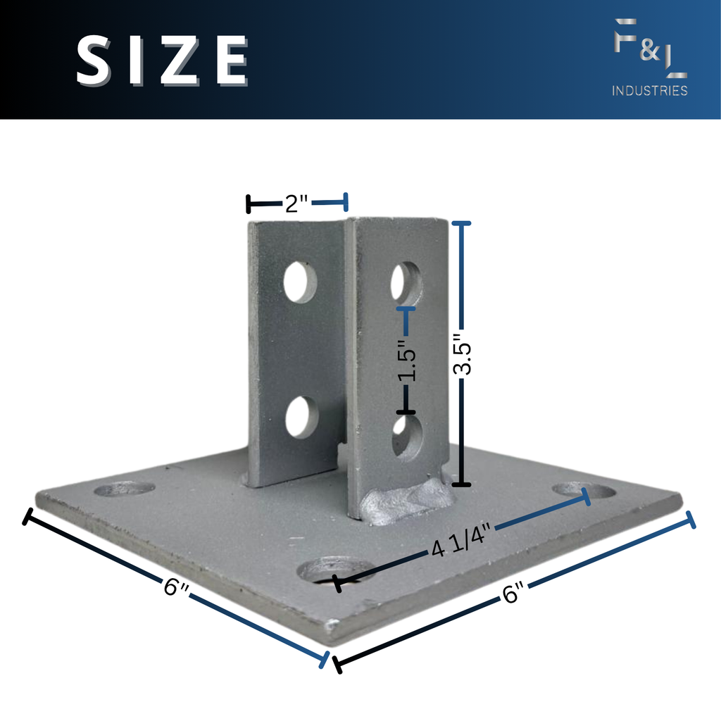 F&L Strut Post Base 1-5/8” Single Channel – 6x6 Inch Galvanized Steel Fence Post Support Bracket with 4 Mounting Holes for Framing & Construction