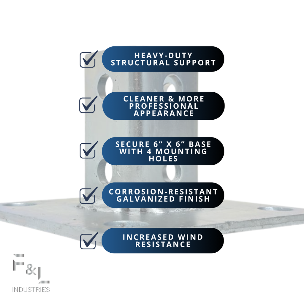 F&L Strut Post Base 1-5/8” Single Channel – 6x6 Inch Galvanized Steel Fence Post Support Bracket with 4 Mounting Holes for Framing & Construction