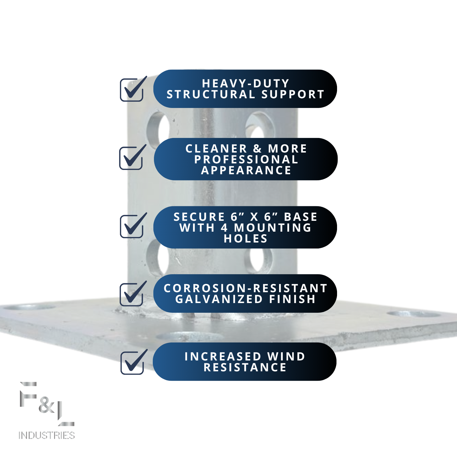 F&L Strut Post Base 1-5/8” Single Channel – 6x6 Inch Galvanized Steel Fence Post Support Bracket with 4 Mounting Holes for Framing & Construction