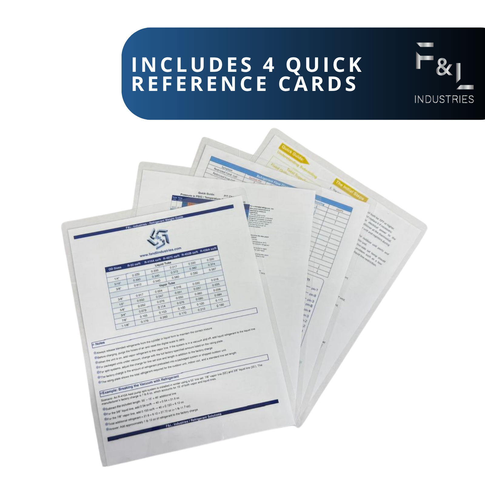 F&L HVAC Quick Reference Cards – Refrigerant Charging & Troubleshooting Guide for Air Conditioners and Heat Pumps – Double-Sided, Waterproof