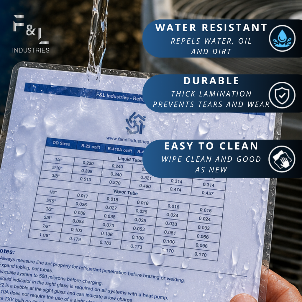F&L HVAC Quick Reference Cards – Refrigerant Charging & Troubleshooting Guide for Air Conditioners and Heat Pumps – Double-Sided, Waterproof
