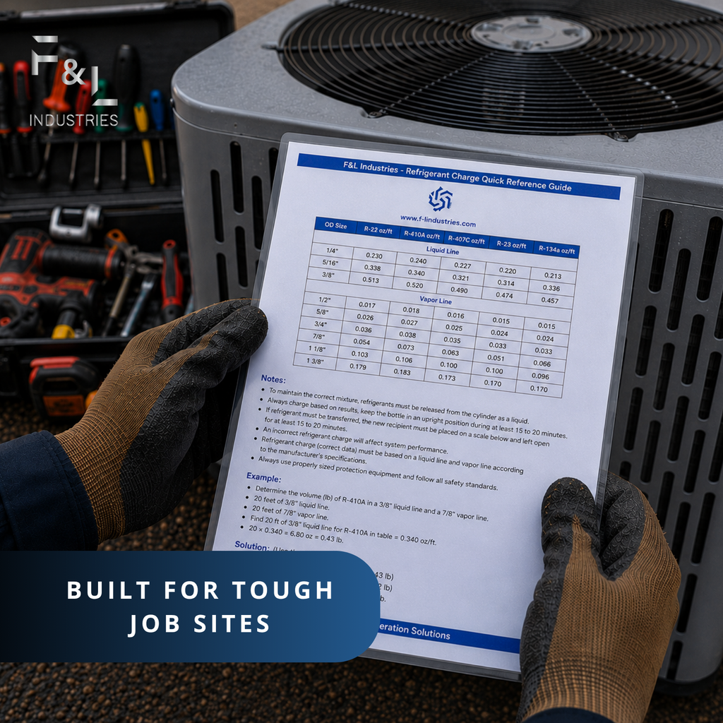 F&L HVAC Quick Reference Cards – Refrigerant Charging & Troubleshooting Guide for Air Conditioners and Heat Pumps – Double-Sided, Waterproof