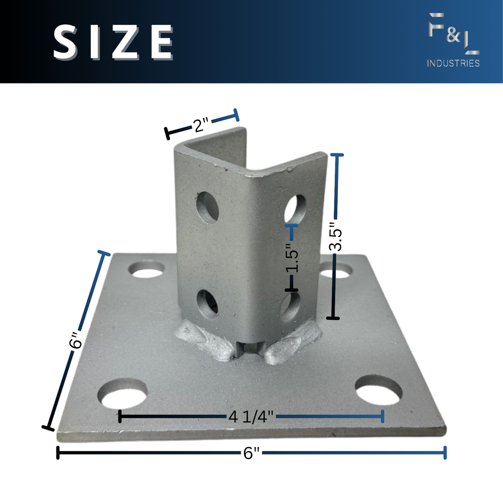 F&L Strut Post Base 1-5/8” Single Channel – 6x6 Inch Galvanized Steel Fence Post Support Bracket with 4 Mounting Holes for Framing & Construction