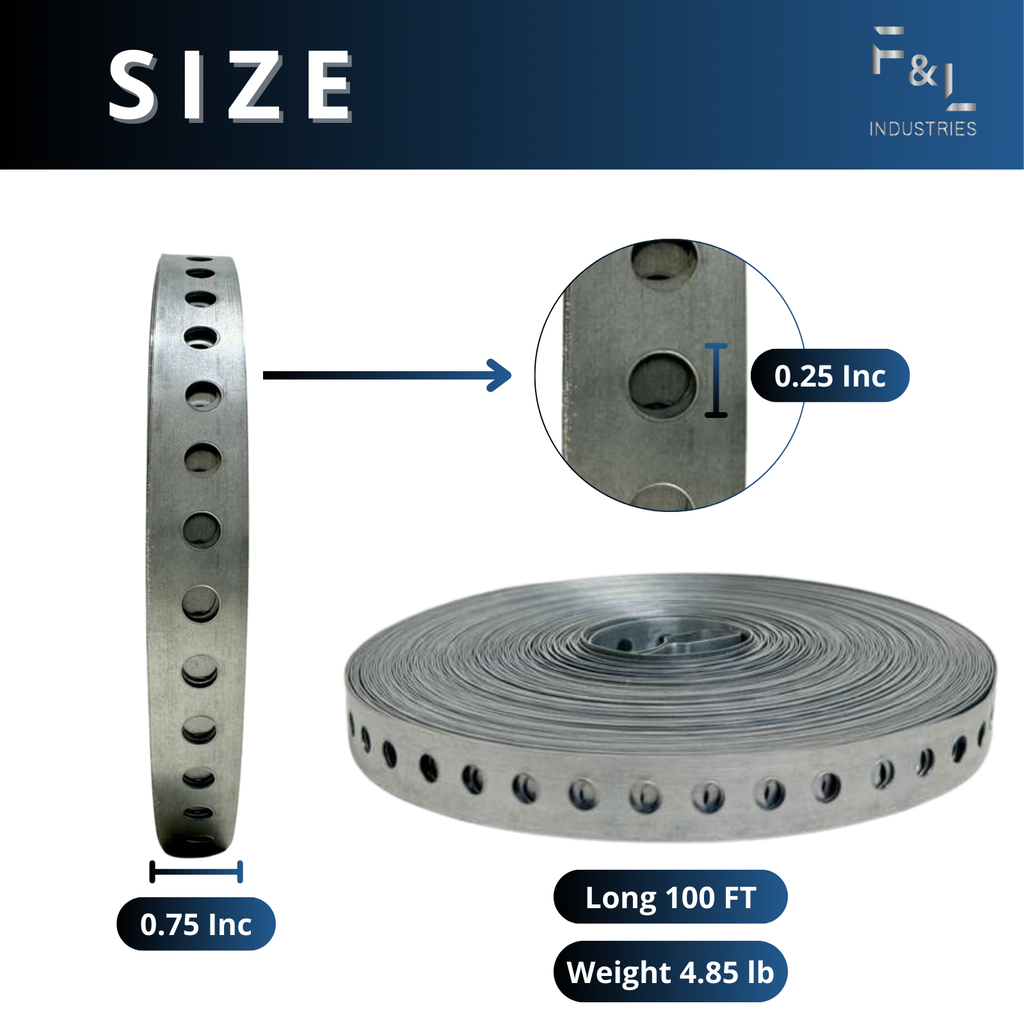 F&L Galvanized Pipe Strap 3/4" x 100 FT – Heavy-Duty 24 Gauge Steel Hanger Strap for Plumbing, HVAC & Electrical Pipe Support, Mounting, Bracing & Secure Installation Applications