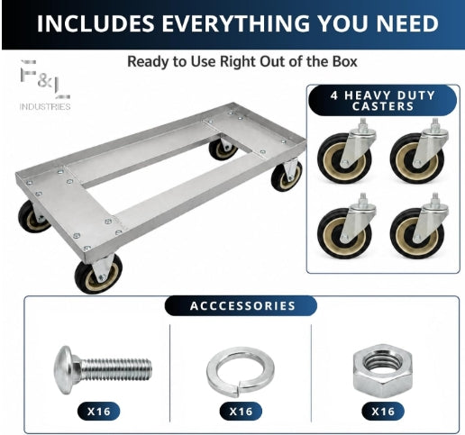 F&L Heavy Duty Aluminum Milk Crate Dolly with Casters, Commercial Rolling Crate Cart, Heavy Duty Wheeled Platform for Warehouse, Storage, Moving, Transport & Material Handling.