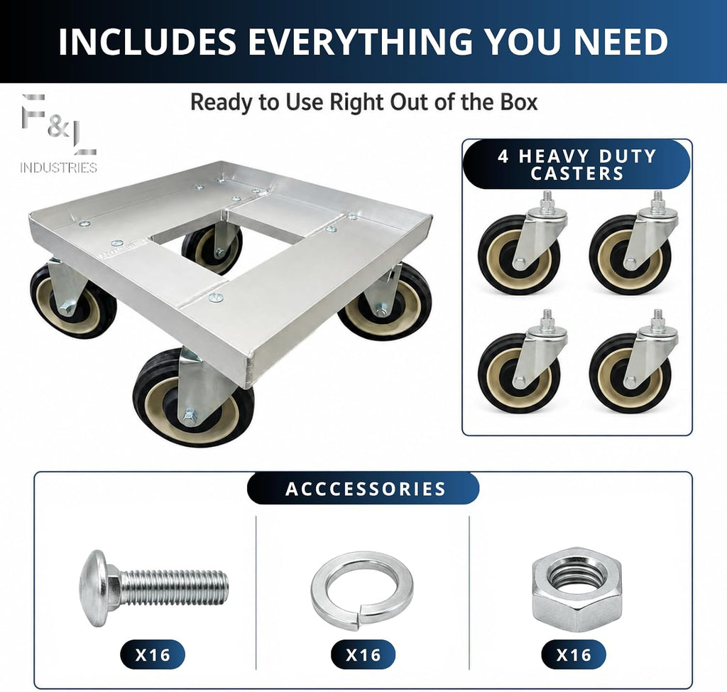 F&L Heavy Duty Aluminum Milk Crate Dolly with Casters, Commercial Rolling Crate Cart, Heavy Duty Wheeled Platform for Warehouse, Storage, Moving, Transport & Material Handling.